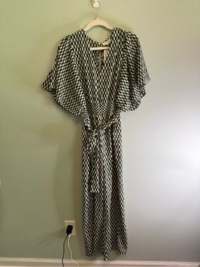 Melloday Green Geometric Diamond Print Flutter Sleeve Wide Leg Jumpsuit  NWT